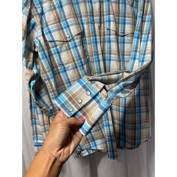 Wrangler Mens L Blue Brown Plaid Shirt Pearl Snap Long Sleeve Western Wrancher - Picture 4 of 6